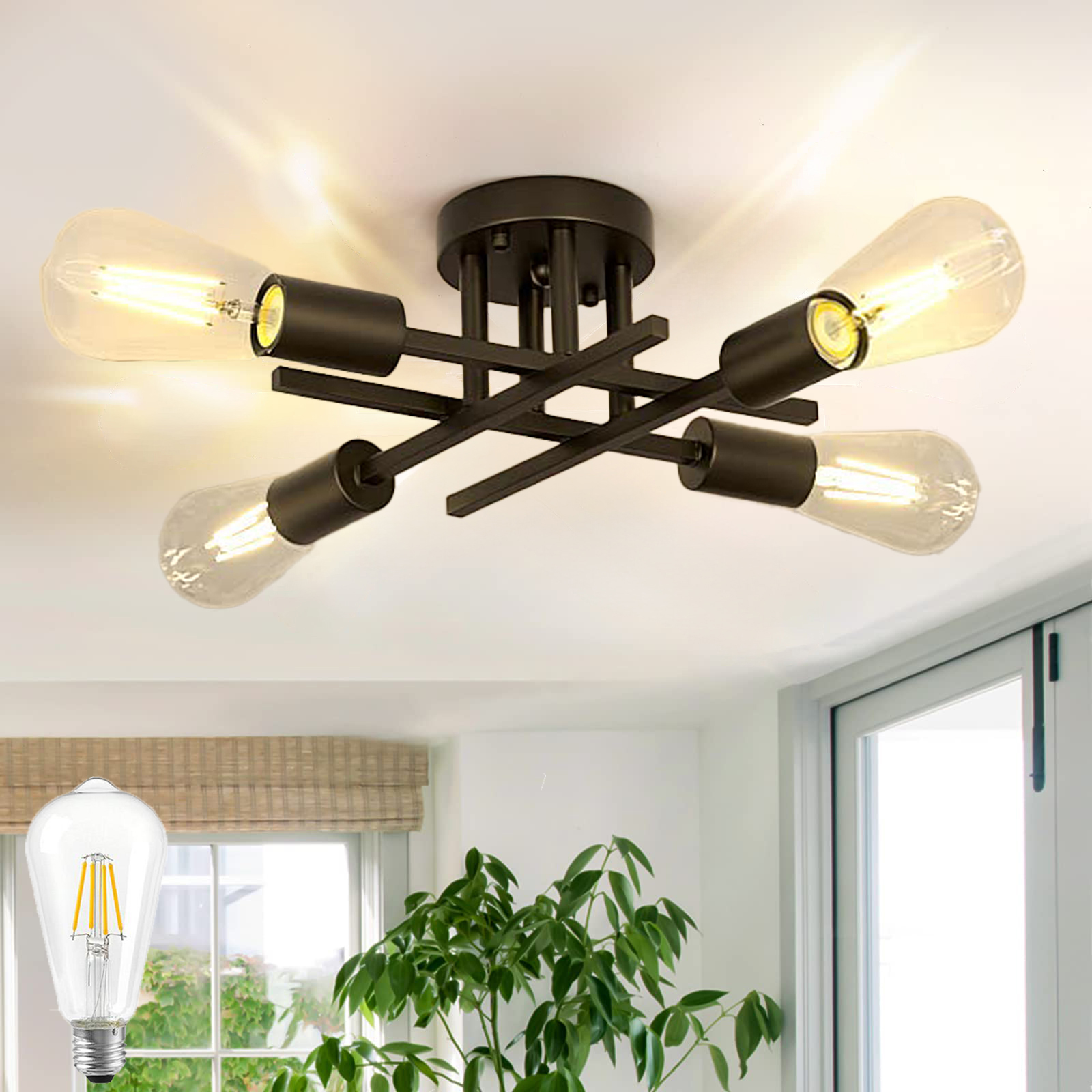 Rosnek Pendelleuchte 4-flammig E27 Industrie Retro Mit Led-leuchtmitteln Schwarz