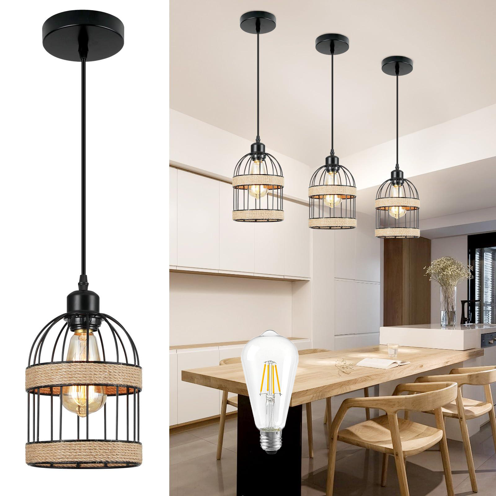 Rosnek 1‑flammige Boho Rattan‑pendelleuchte E27 Braun Mit Led‑lampe Für Küchenspüle Eingang Schlafzimmer