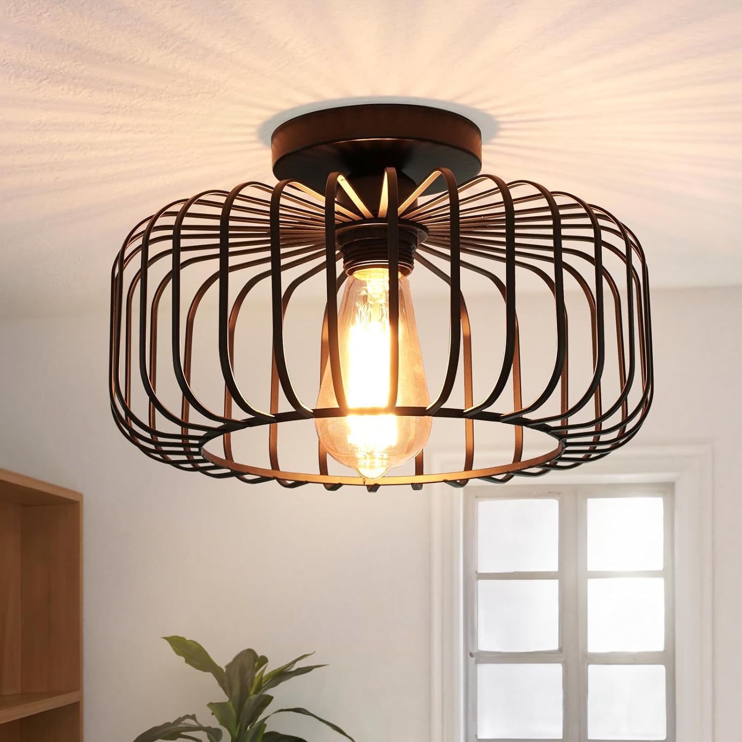 Rosnek Pendelleuchte Vintage E27, Metall Schwarz 30 cm Mit Led‑leuchtmittel