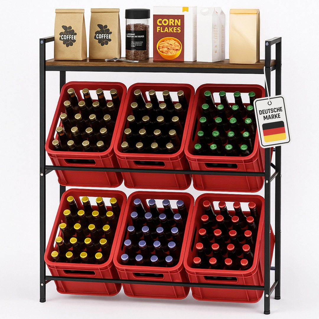 Roxlin Getränkekistenregal Für 6 Kisten – Stabiles Metallregal Für Bier- & Wasserkisten, Platzsparender Getränkekistenständer Für Küche, Keller & Vorratsraum