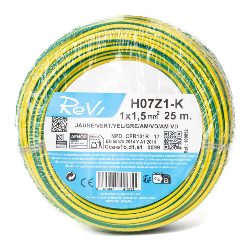 Halogenfreies Elektrokabel 1,5 Mm² Grün/gelb 25 M Pvc-draht H07z1-k Elektrokabel