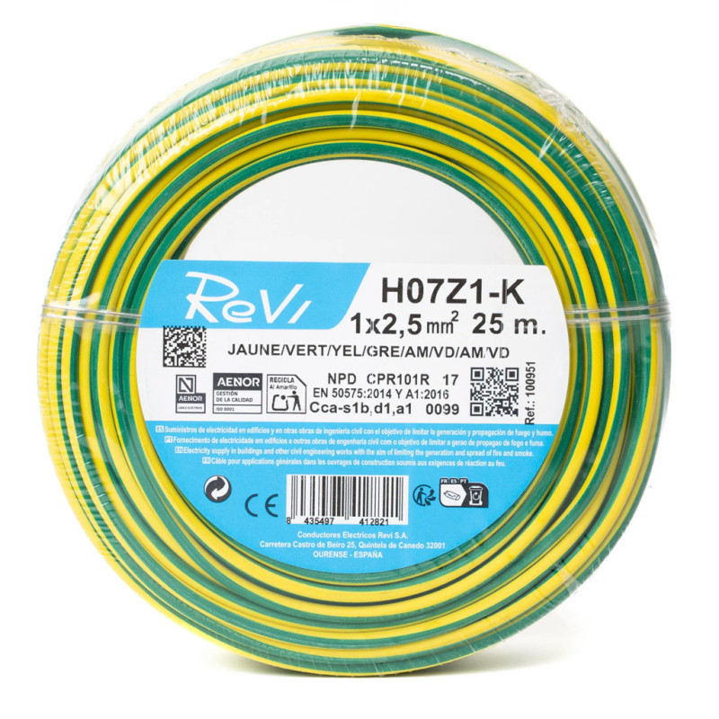 Halogenfreies Elektrokabel 2,5 Mm² Grün/gelb 25 M Pvc-draht H07z1-k Elektrokabel