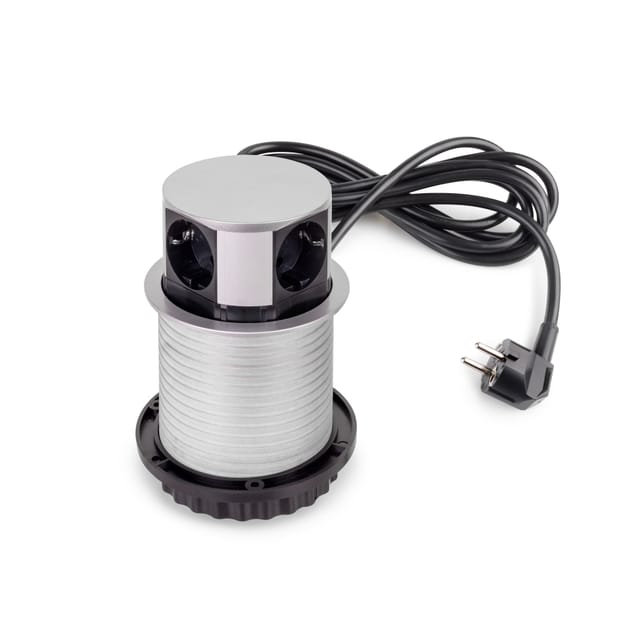 Vertikal Push Abnehmbare Mehrfachsteckdose Durchmesser 100mm, 3 Schuko-stecker, 1 Usb Typ A, 1 Usb Typ C, Stahl Und Kunststoff, Grau Metallic - Emuca