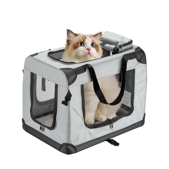 Faltbare Transportbox für Hunde, Katzen m (60x42x44cm), robust, leicht, sicher, Hundebox mit Tragegriff und Decke, Grau - Fudajo