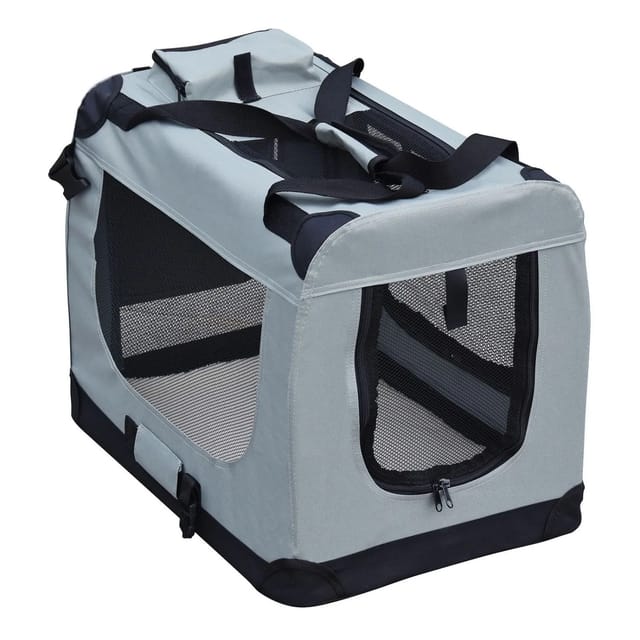 Fudajo Faltbare Transportbox für Hunde, Katzen XL (82x56x58cm), robust, leicht, sicher, Hundebox mit Tragegriff und Decke, Grau