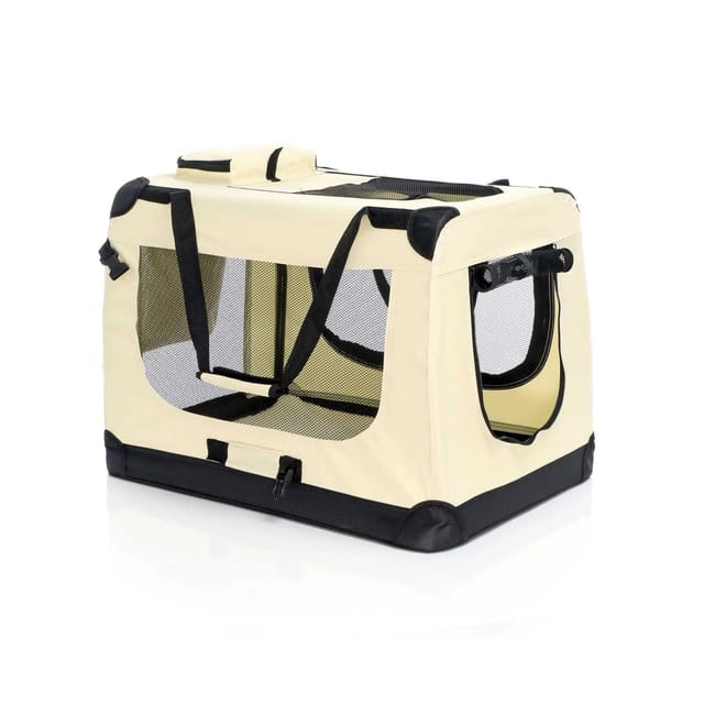 Fudajo Faltbare Transportbox für Hunde, Katzen L (70x52x50cm), robust, leicht, sicher, Hundebox mit Tragegriff und Decke, Beige