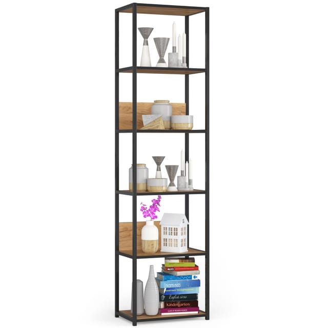 Bücherregal AKORD Metallregal mit Holzwerkstoff-Ebenen Schwarz Breite 50 cm 6 Ebenen Eiche Craft B50 x H192 x T32 cm