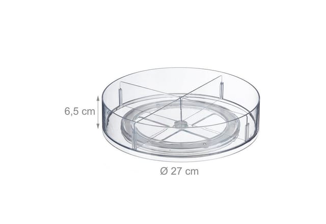 Relaxdays - Drehteller, ø 27 cm, 4 Fächer, Plastik Drehplatte für Kühlschrank, Organizer Küche & Bad, drehbar, transparent