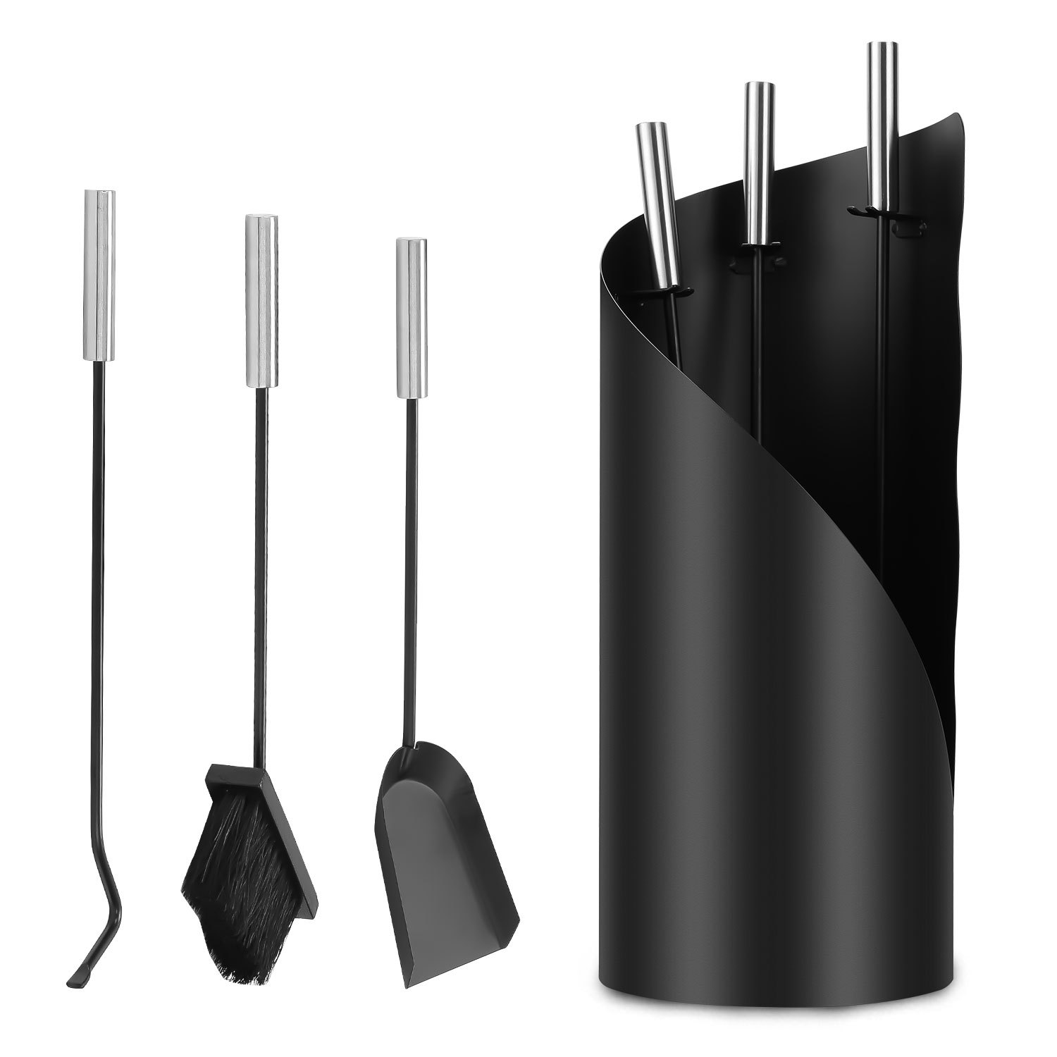 Tolletour Kaminbesteck 4-teilig Kaminzubehör Mit Eimer, Schürhaken, Ascheschaufel Und Kaminbesen, Metall Schwarz/silber Für Kaminofen