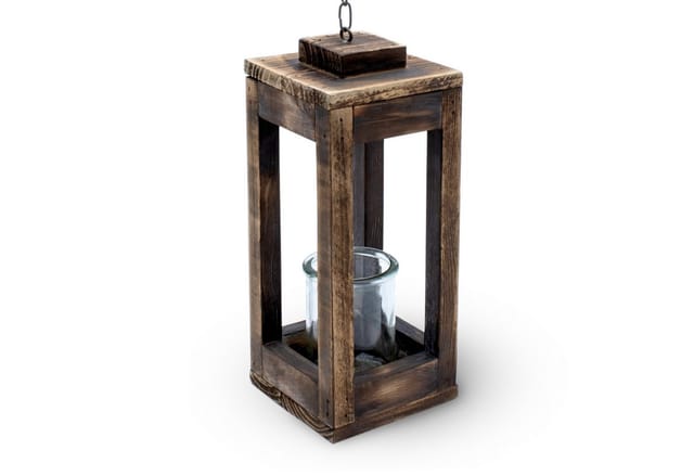 Holz Hänge Laterne mit Metall Kette - 31 cm - Deko Kerzenhalter mit Kerzenglas - Tisch Deko Leuchte Windlicht Kerzenhalter zum Aufhängen