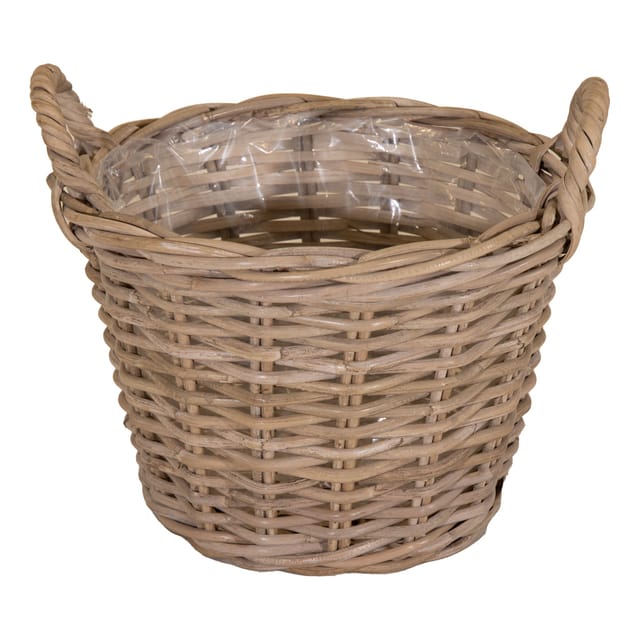 Weide Pflanzkorb natur mit Folie - 40 cm - Holz Blumenkorb mit Henkel - Garten Deko Rattan Landhaus Blumentopf foliert