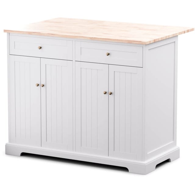 Servierwagen-Kucheninsel 106,5x49,5-69,5x89 cm, erweiterbare Arbeitsplatte, 2 praktische Schubladen, 4 Turen, flexibler Kuchenwagen & Rollwagen in