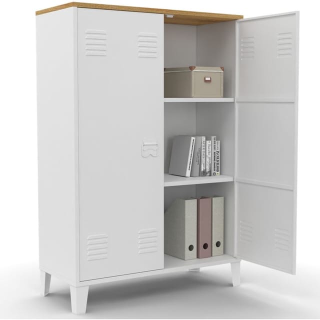 Idmarket - Unterschrank ester 2 Türen Metall weiß und Holzplatte Industriedesign