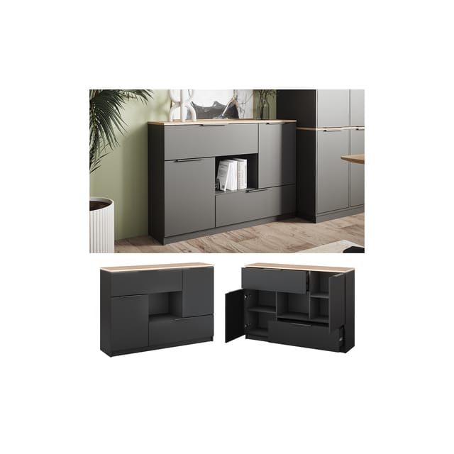 Kommode Betti, Anthrazit, 120 x 83.6 cm 2x Tür, 2x Schublade und 1x offenes Fache Vicco