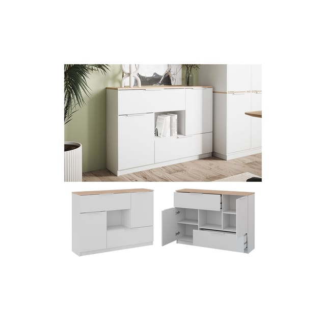 Kommode Betti, Weiß/Sonoma, 120 x 83.6 cm 2x Tür, 2x Schublade und 1x offenes Fache Vicco