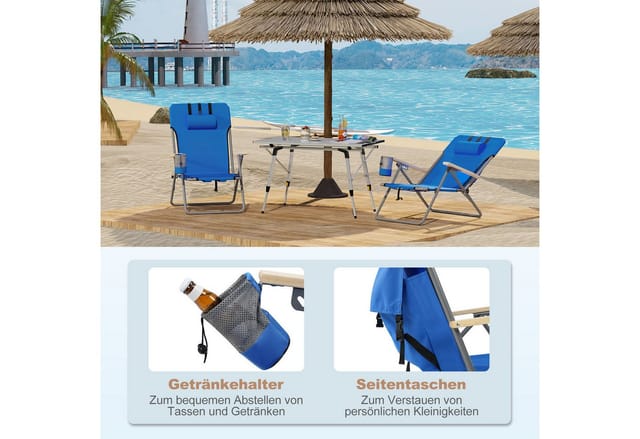 WOLTU 1x Campingstuhl Faltbar, Strandstuhl Klappbar, Angelstuhl Strandliege, mit Kopfstütze Seitentasche, Rückenlehne 4-stufig verstellbar,