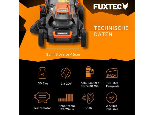 40V Akku Rasenmäher FX-E2RM46 mit 2x20V Akku 4Ah und Ladegerät – 46cm Schnittbreite - Fuxtec
