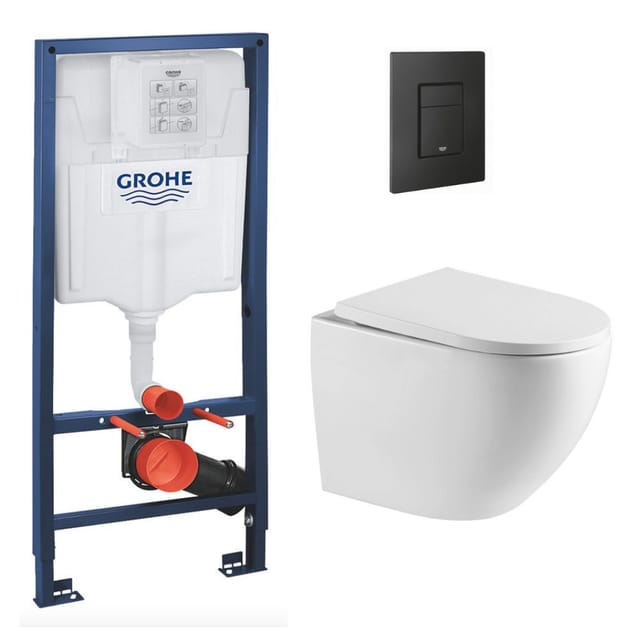 Rapid sl Pack Trägerrahmen + spülrandlose SAT-Toilette + SoftClose-Sitz + mattschwarze Platte (RapidSL-FusionTQ-KF0) - Grohe