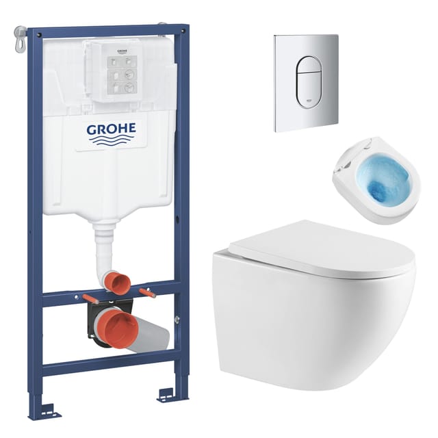 WC-Paket Rahmen + spülrandlose Toilette Tornado Quiet sat Fusion + Softclose-Sitz + Chromplatte - Grohe