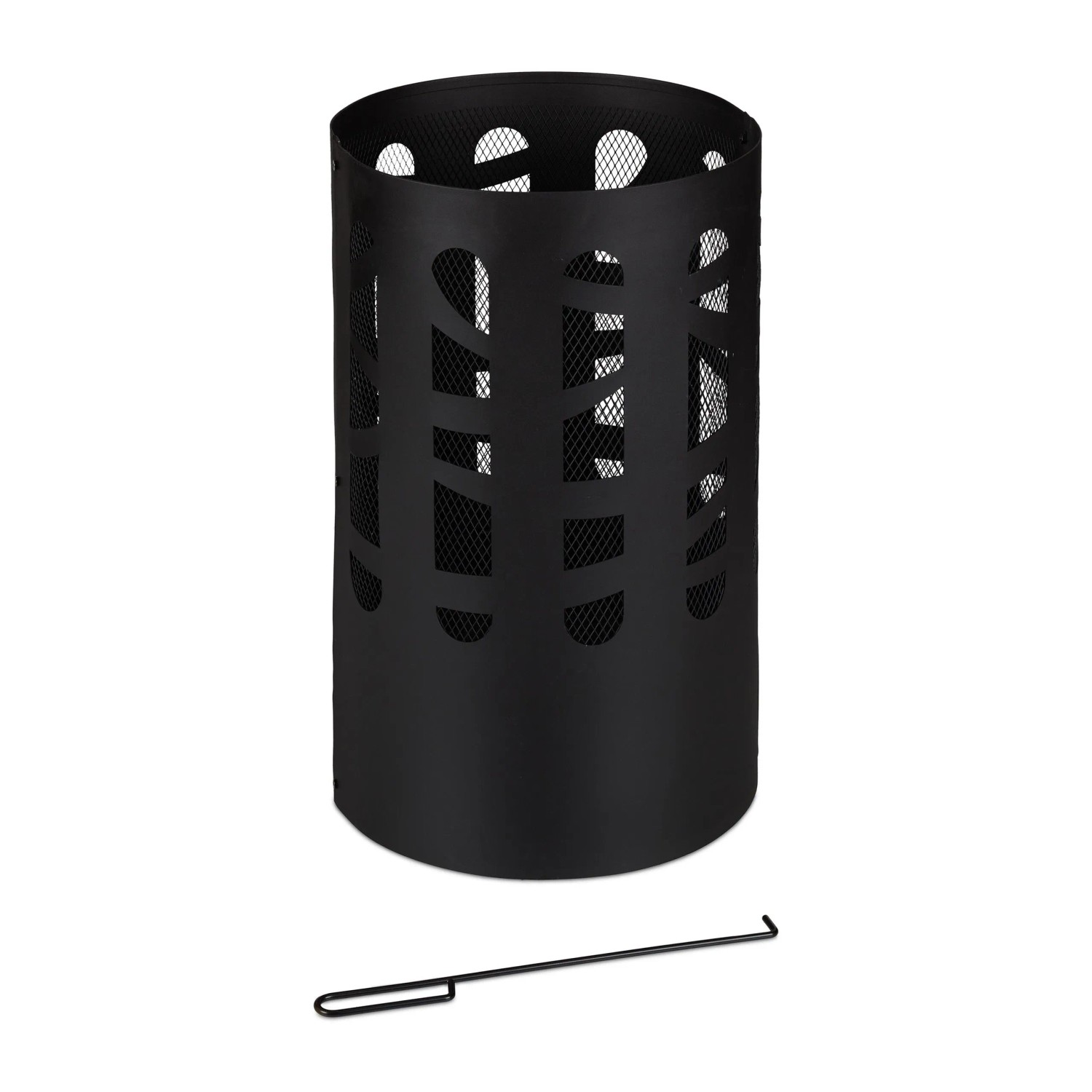 Relaxdays Feuertonne Stahl Schwarz mit Funkenschutz und Schürhaken 60 cm x 37 cm 6,8 kg