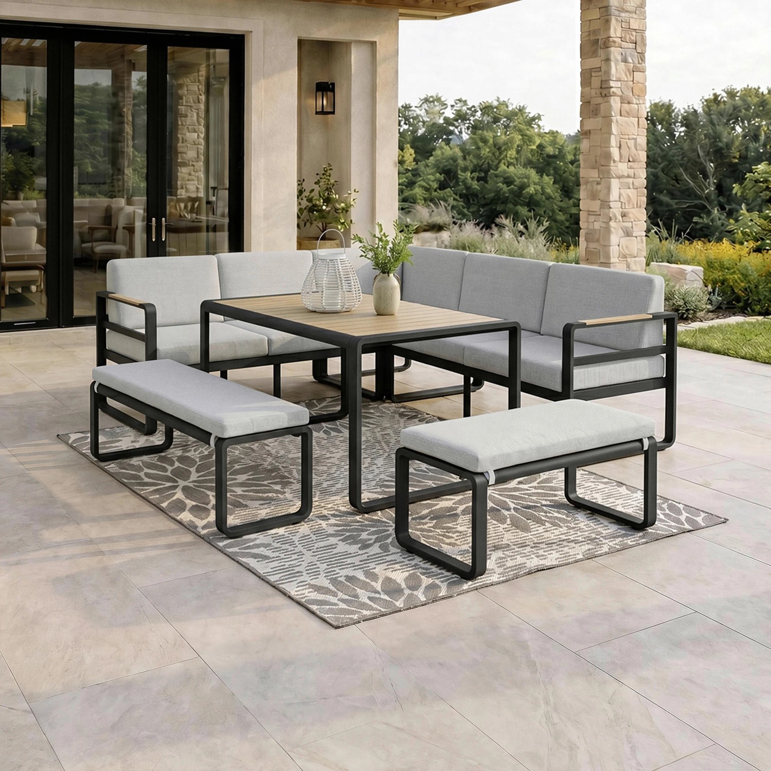 Bessagi Garden Dining-Loungeset Aruba Hellgr. /Schwarz Outdoorstoff/Metall