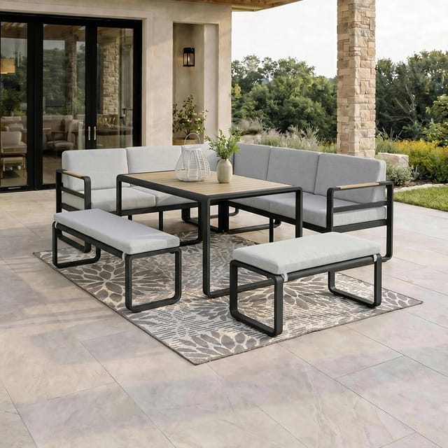 Bessagi Garden Dining-Loungeset Aruba Hellgr. /Schwarz Outdoorstoff/Metall