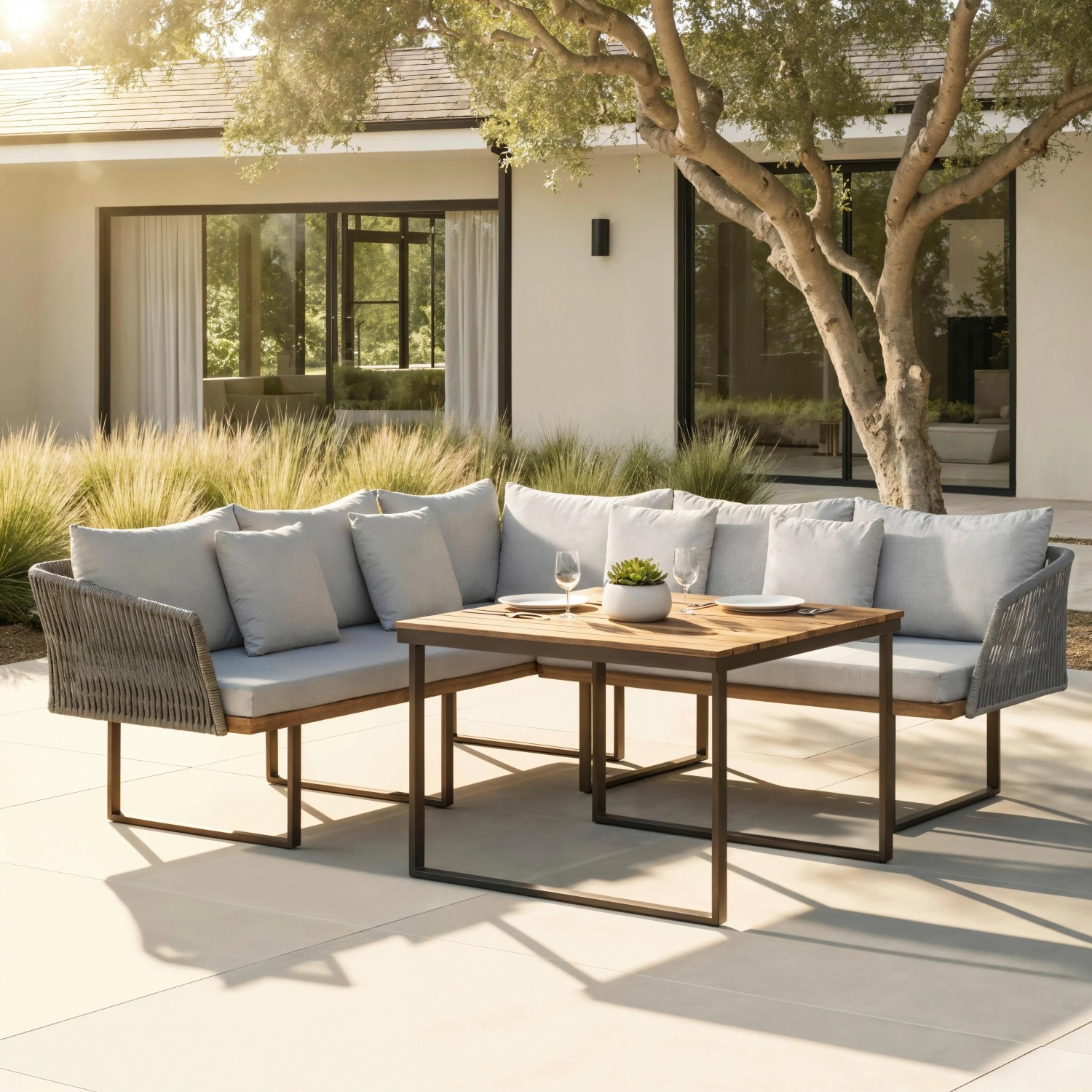 Bessagi Garden Dining-Loungeset Viola Grau Outdoorstoff/Metall/Holz
