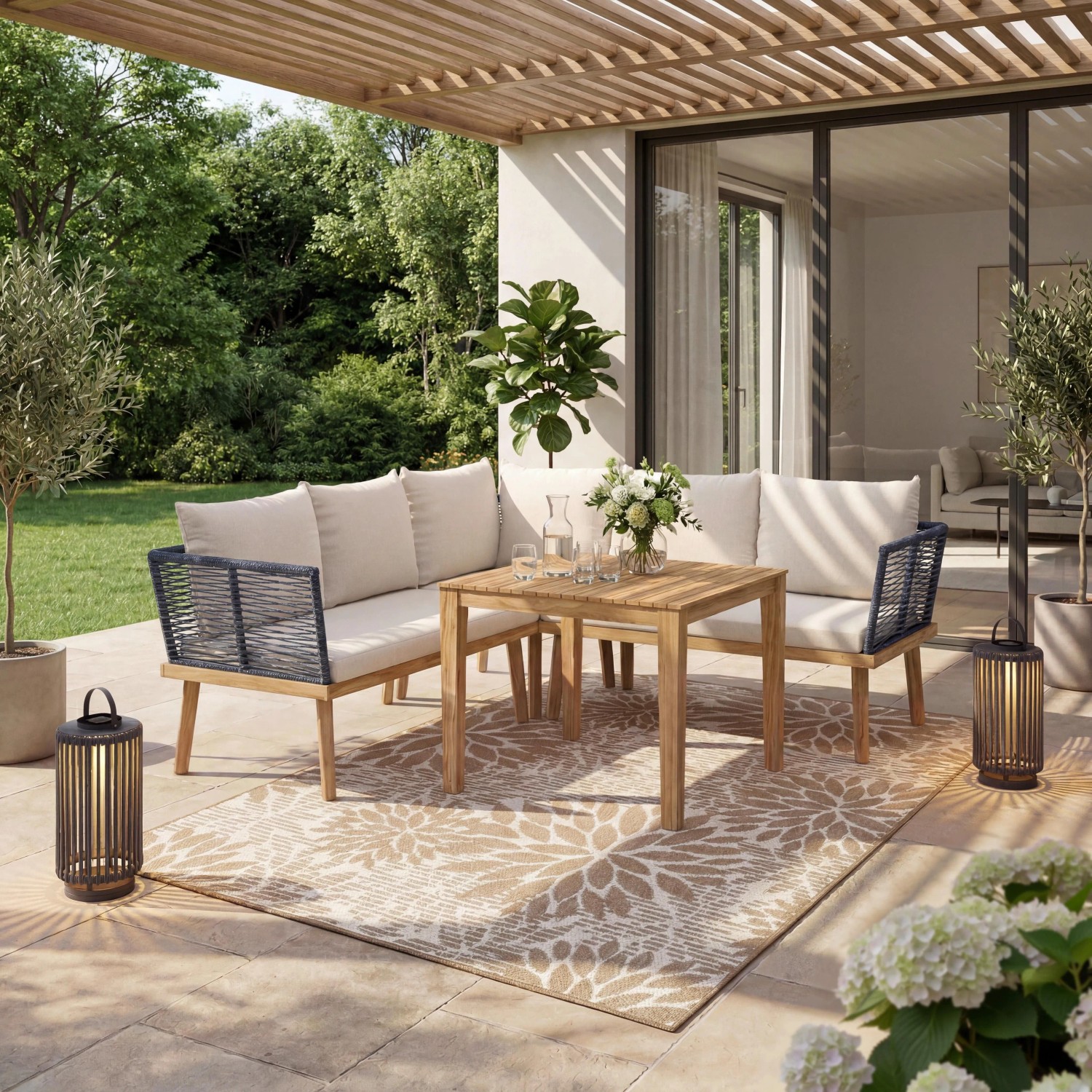 Bessagi Garden Dining-Loungeset Julina Creme Outdoorstoff/Metall