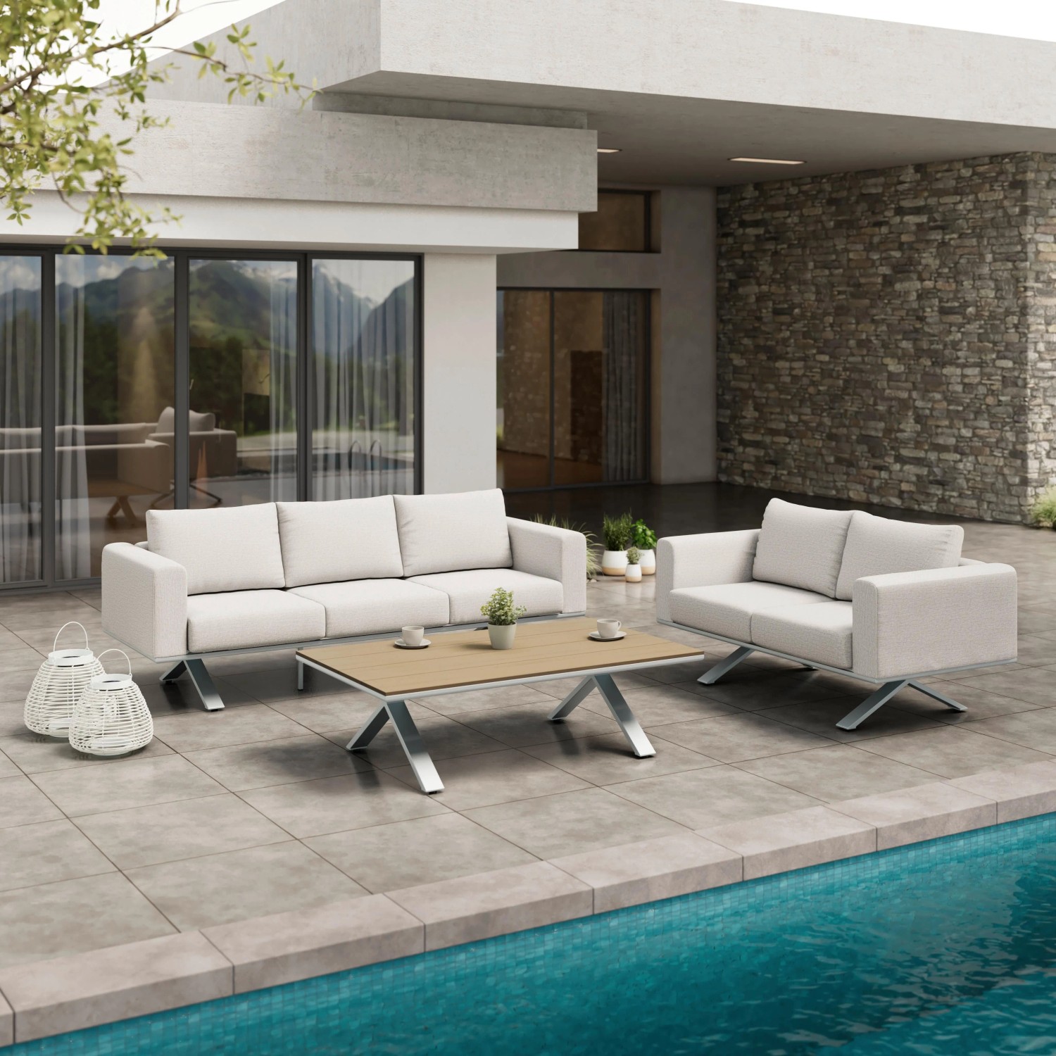Bessagi Garden Loungegarnitur Sofia Hellgrau Outdoorstoff/Metall +Abdeckung