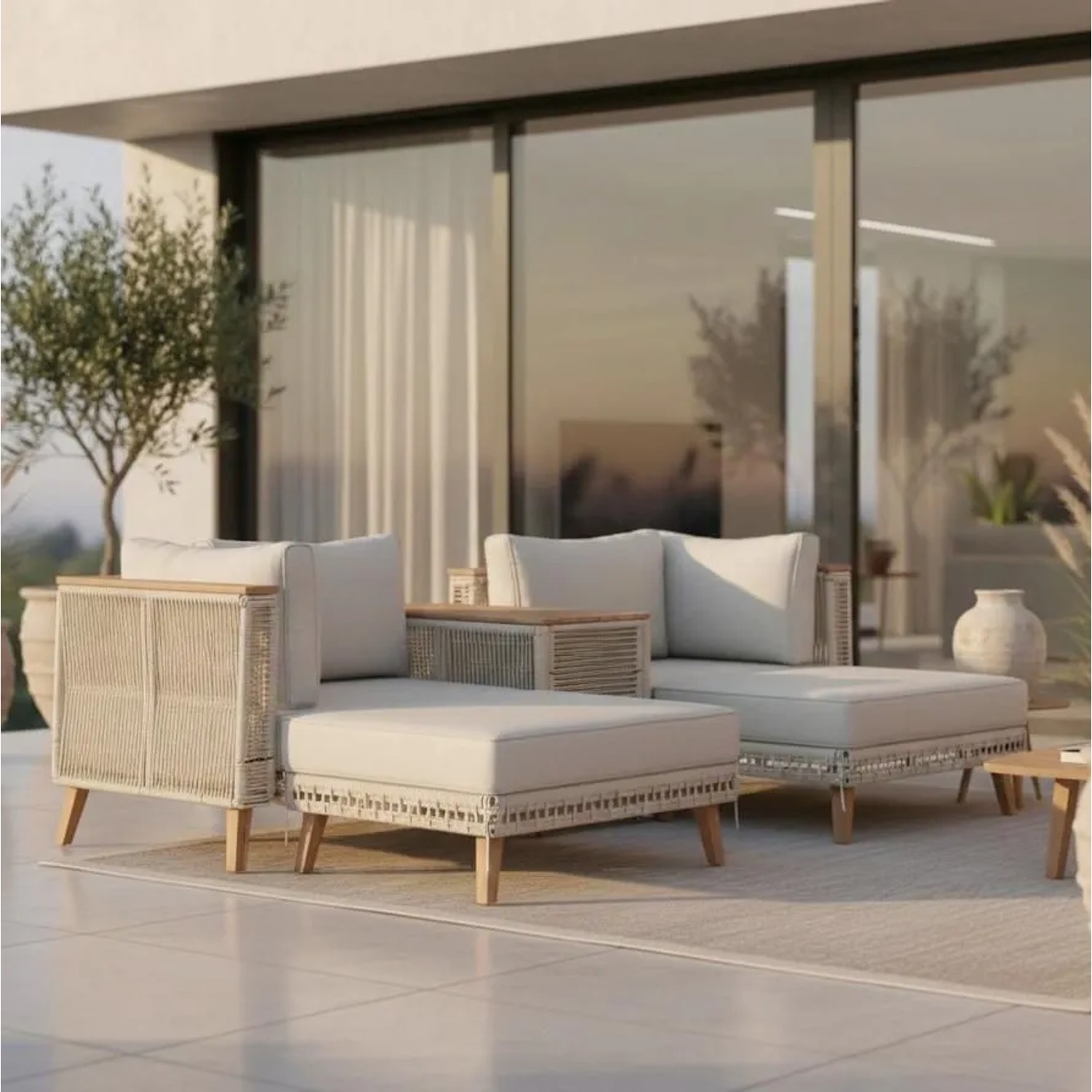 Bessagi Garden Loungegarnitur Marilou Creme/ Hellgr Outdoorstoff/Kunststoff