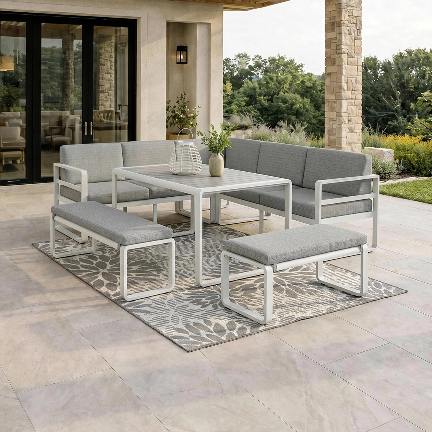 Bessagi Garden Dining-Loungeset Aruba Hellgr. /Weiß Outdoorstoff/Metall