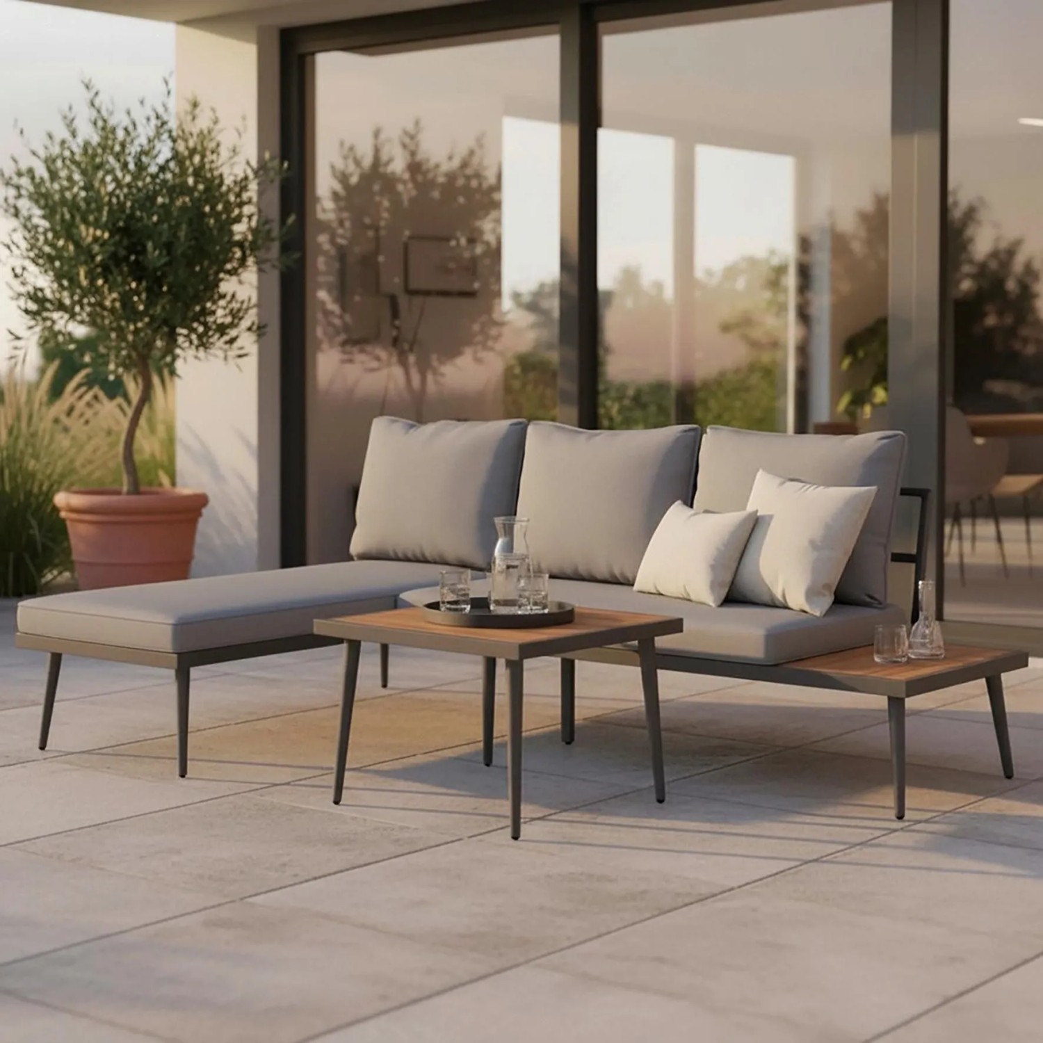 Bessagi Garden Loungegarnitur-Set Sallie Grau Holz/Metall/Outdoorstoff