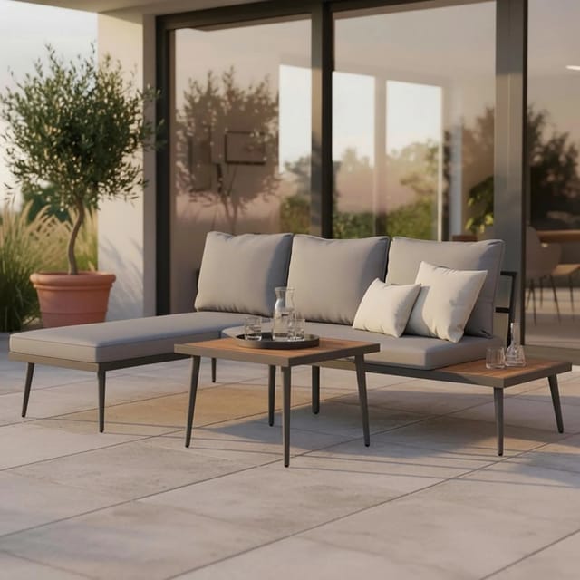 Bessagi Garden Loungegarnitur-Set Sallie Grau Holz/Metall/Outdoorstoff