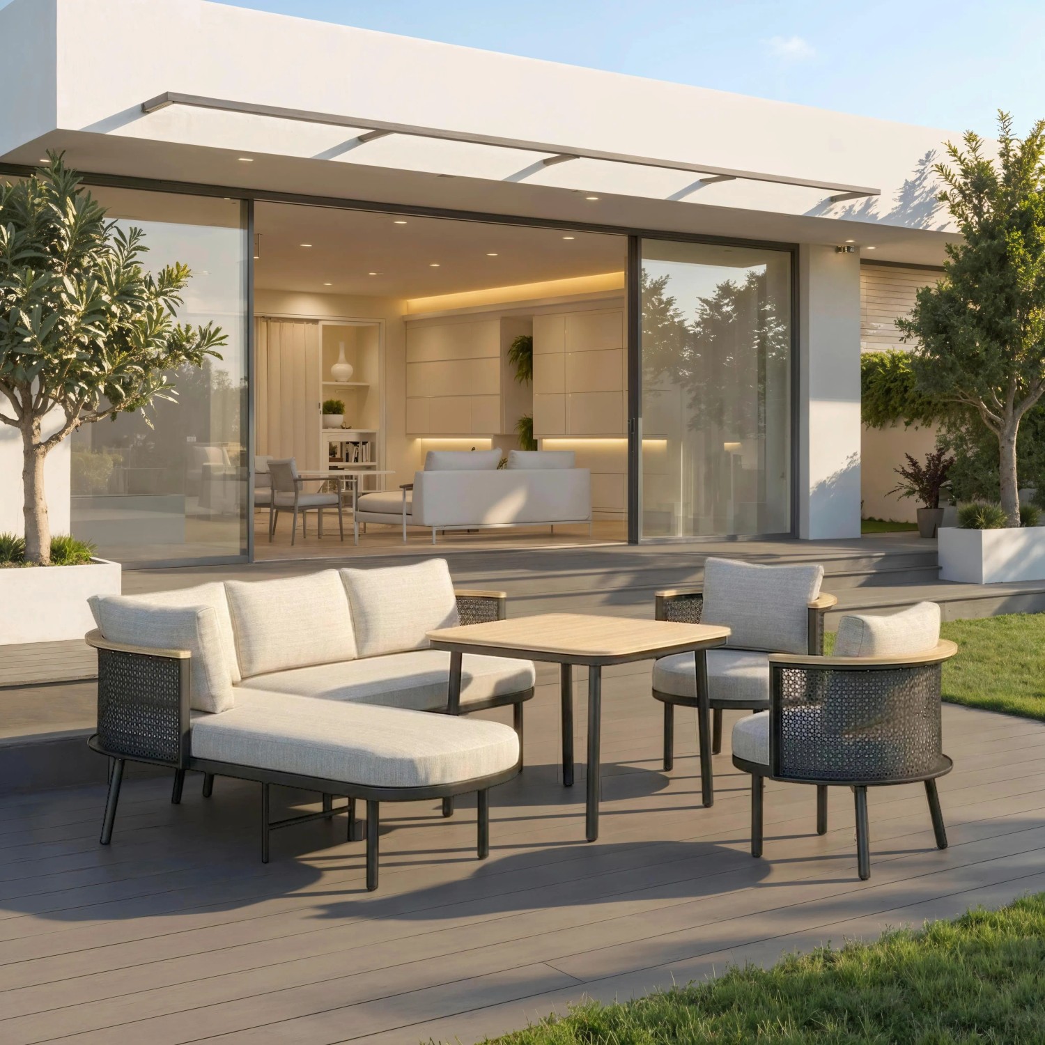 Bessagi Garden Dining-Loungeset Lissa Beige Outdoorstoff/Metall/Polywood