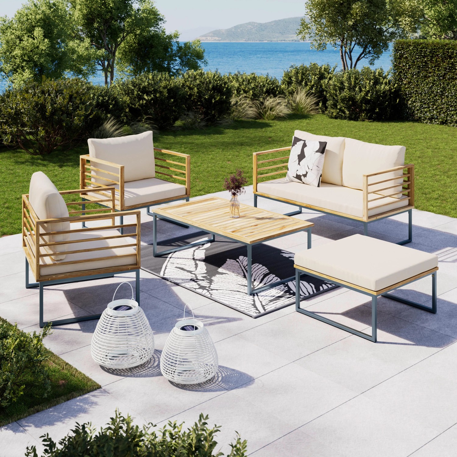 Bessagi Garden Loungegarnitur Silas Creme Holz/Outdoorstoff/Metall