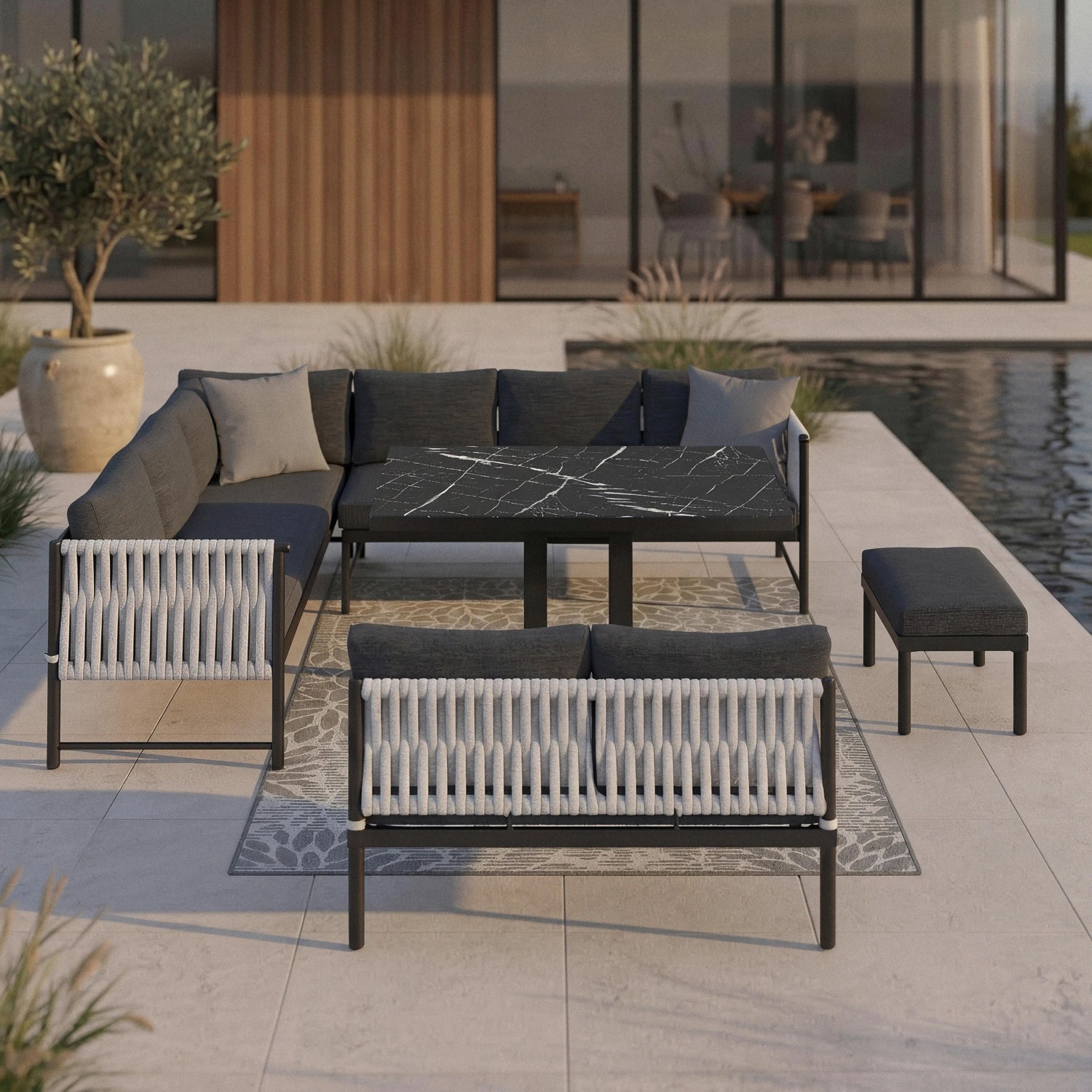 Bessagi Garden Dining-Loungeset Polly Schwarz Outdoorstoff/Metall