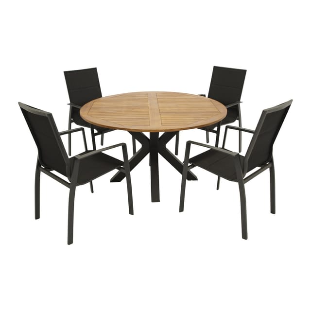 Degamo - Garnitur madeira 5-teilig, Alu/Stahl + Akazie + Kunstgewebe schwarz