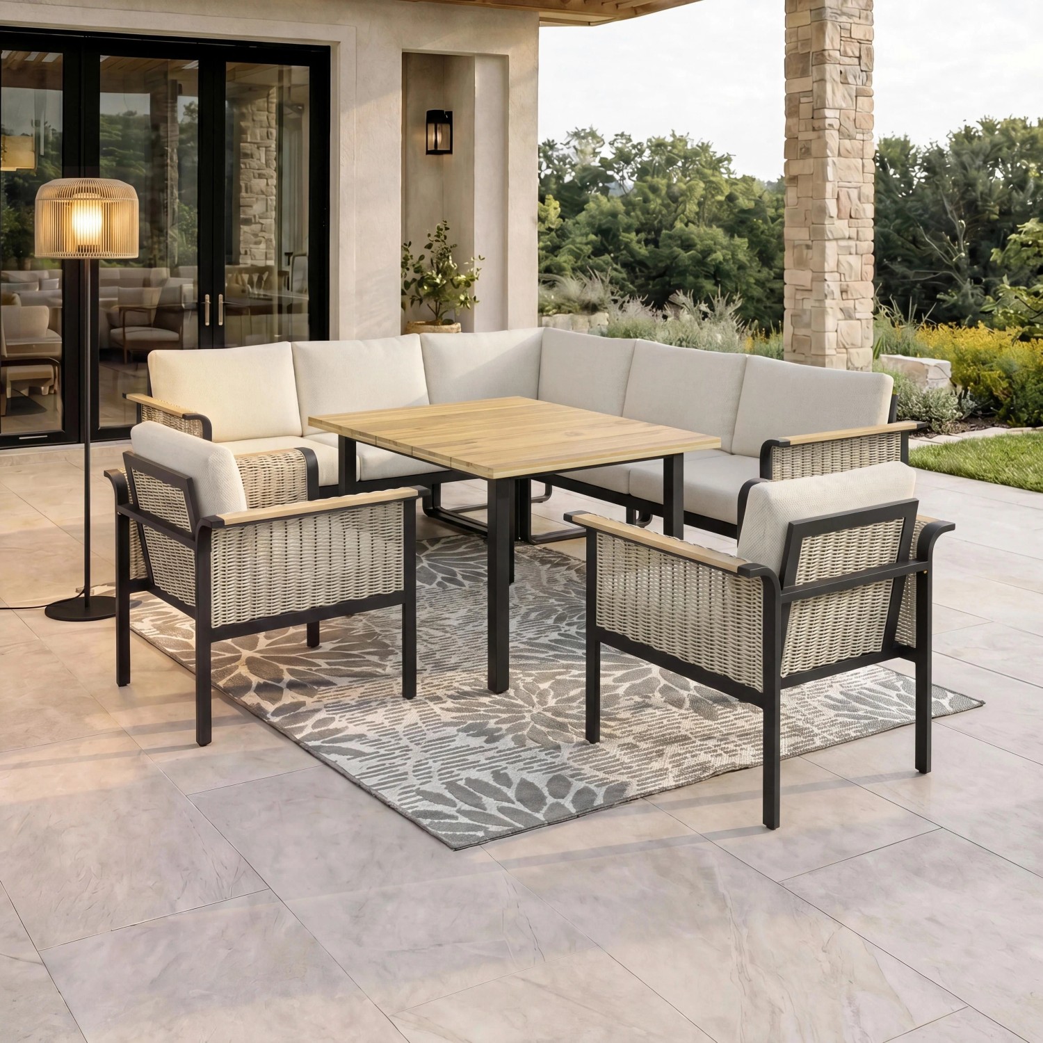 Bessagi Garden Dining-Loungeset Cassandra Hellbraun Holz/Aluminium