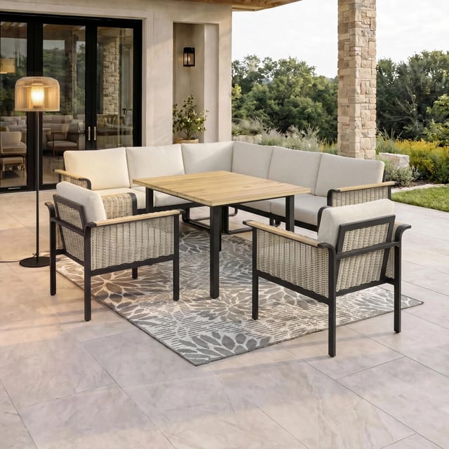Bessagi Garden Dining-Loungeset Cassandra Hellbraun Holz/Aluminium
