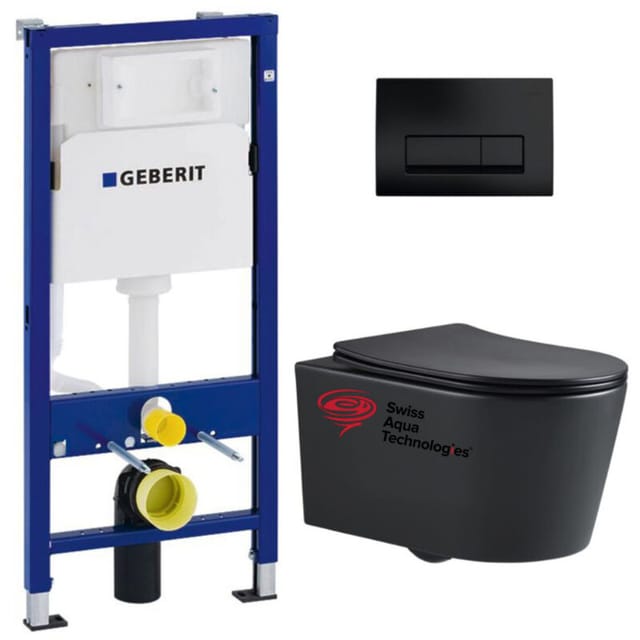 WC-Paket Geberit Trägergestell + wc sat ohne Flansch mattschwarz + Softclose-Sitz + Platte mattschwarz
