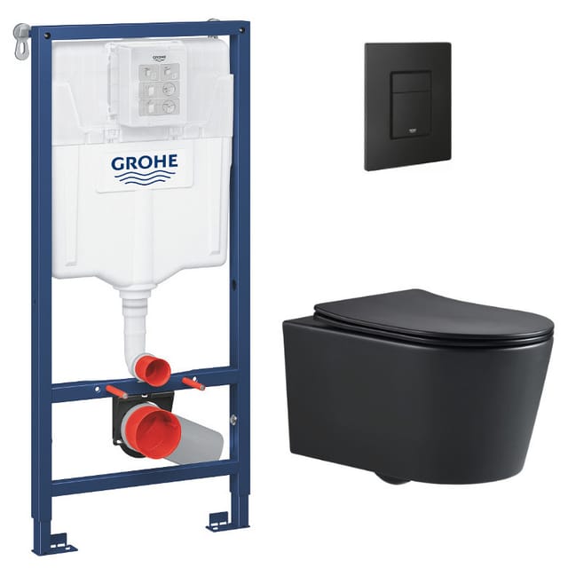 Toilettenpaket Rapid sl mit Rahmen + sat-wc ohne Rand mattschwarz + Softclose-Sitz + mattschwarze Platte (RapidSL-BlackSATrimles - Grohe