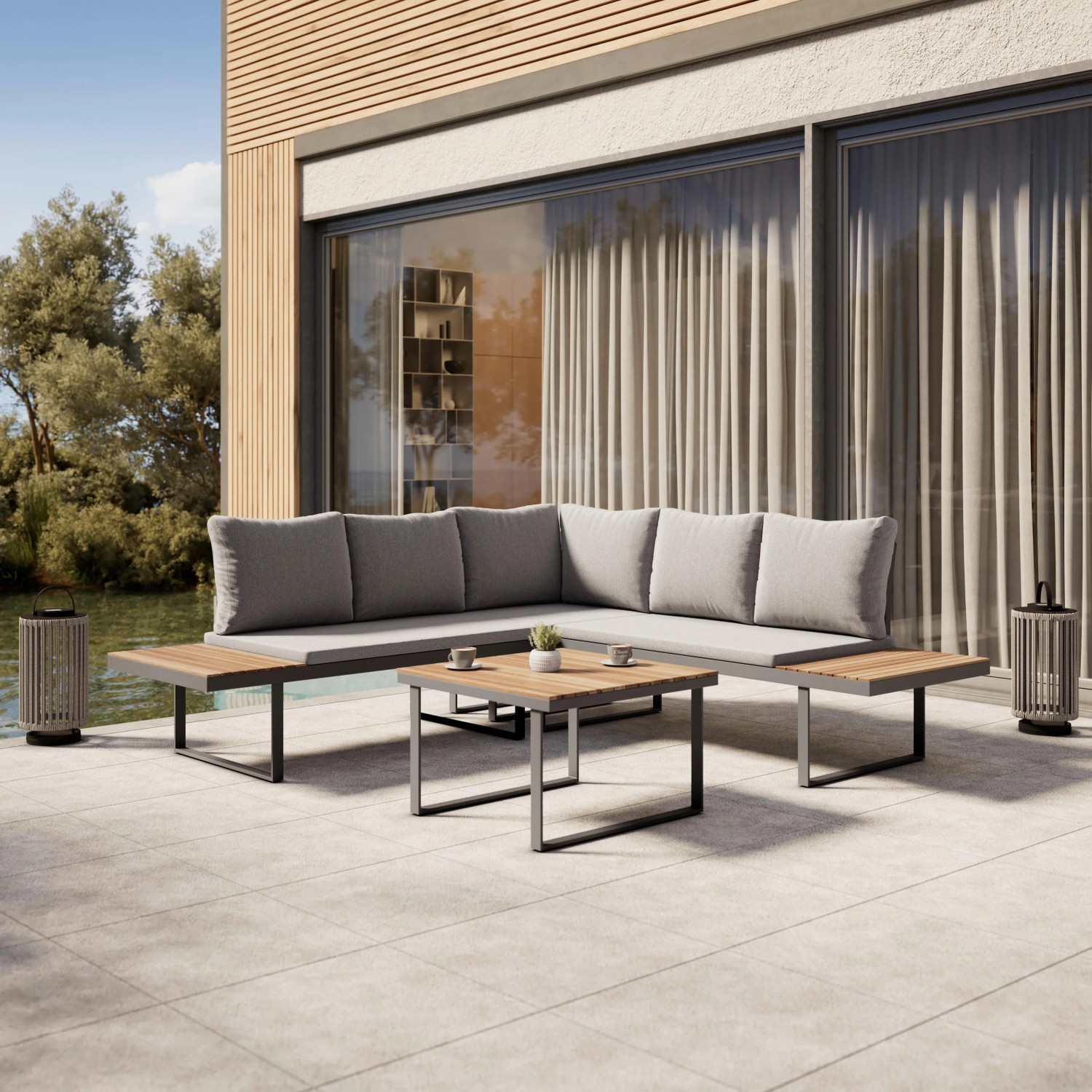 Bessagi Garden Loungegarnitur Elia Grau Outdoorstoff/Metall/Holz