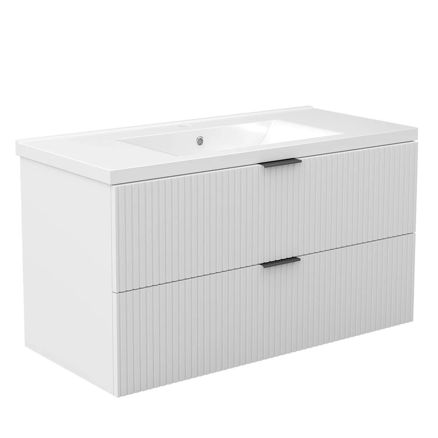 AICA Badmöbel Morri 100 cm Keramik Waschtisch mit Unterschrank Matt Weiß Griffen Softclose Schubladen 2 tlg.