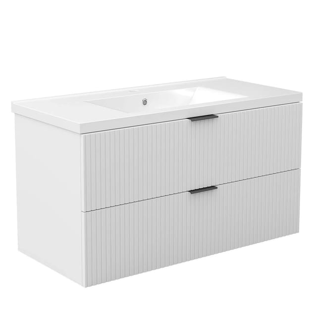 AICA Badmöbel Morri 100 cm Keramik Waschtisch mit Unterschrank Matt Weiß Griffen Softclose Schubladen 2 tlg.