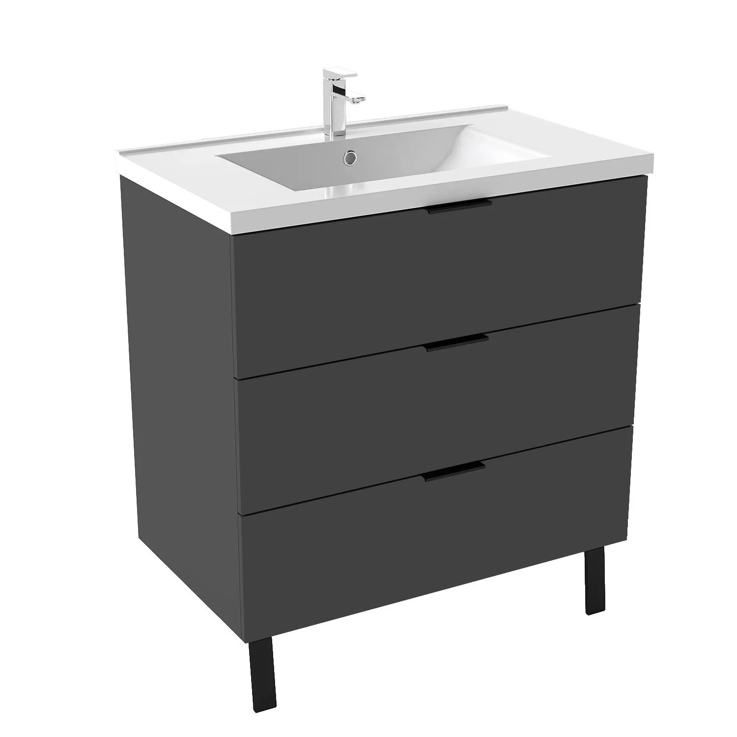 AICA Badmöbel Kantin 80 cm Keramik Waschtisch mit Unterschrank Hochglanz Anthrazit Standschrank Griffen & Füße Softclose Schubladen 2 tlg.