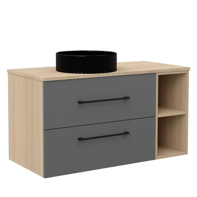 AICA Waschtisch mit Unterschrank Kross Badmöbel Set 36 cm Aufsatzbecken mit Unterschrank 100 cm Grau Eiche Matt Softclose Schubladen mit Staufach