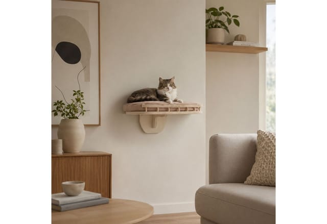Kletterwand MCW-Q55, Katzenplattform Liegeplatz Katzenmöbel Katzenbett, Holz MVG 20x44x28cm ~ natur, Kissen beige
