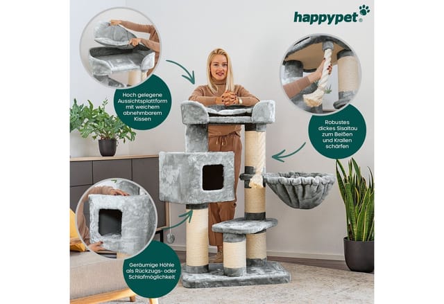 HAPPYPET Kratzbaum Stabil 118 cm Kletterbaum Katzenbaum Maine Coon Grau