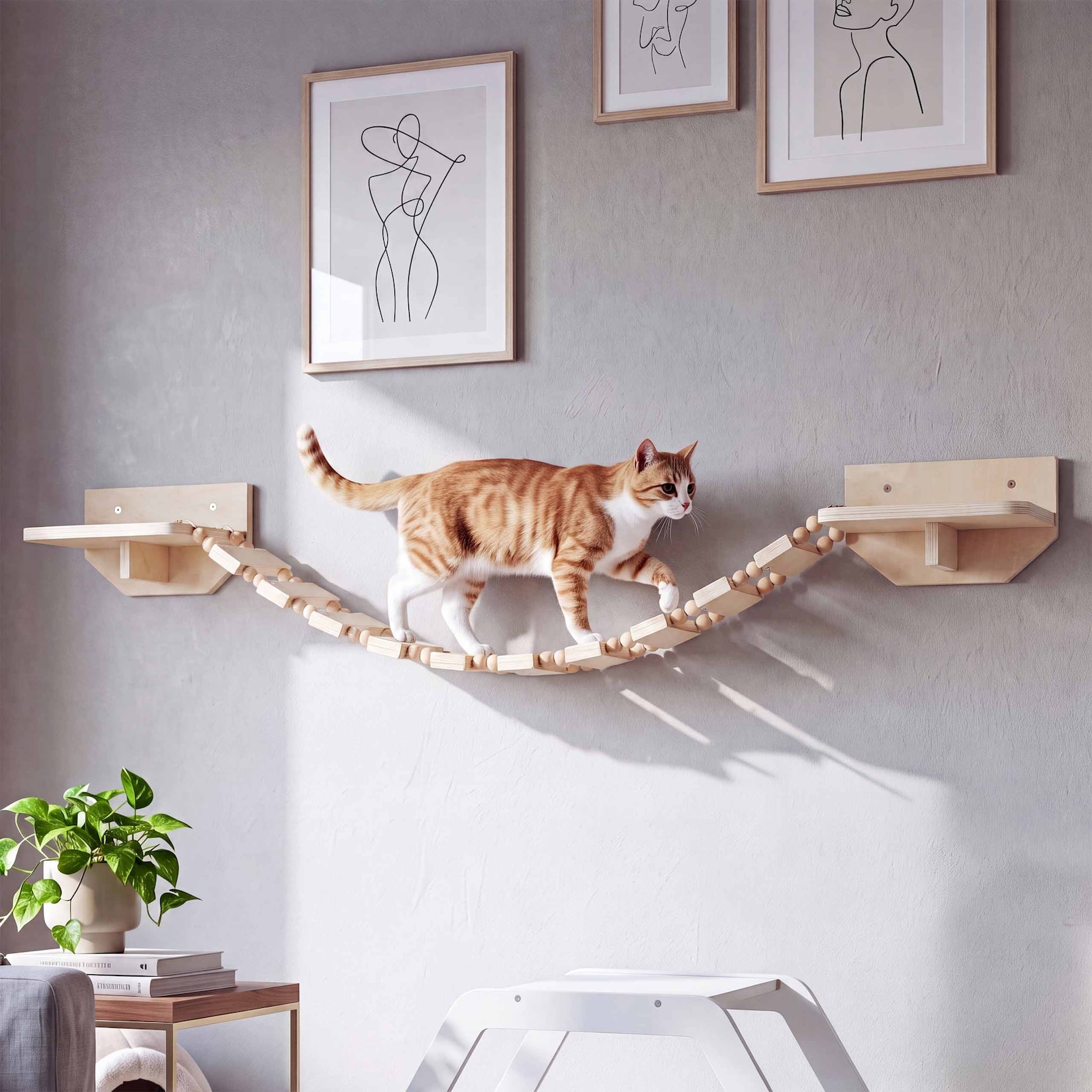 Kletterbrücke MCW-Q56, Katzenleiter Katzentreppe Hängebrücke Katzenbrücke Plattform, Holz MVG 15x130x19cm ~ natur