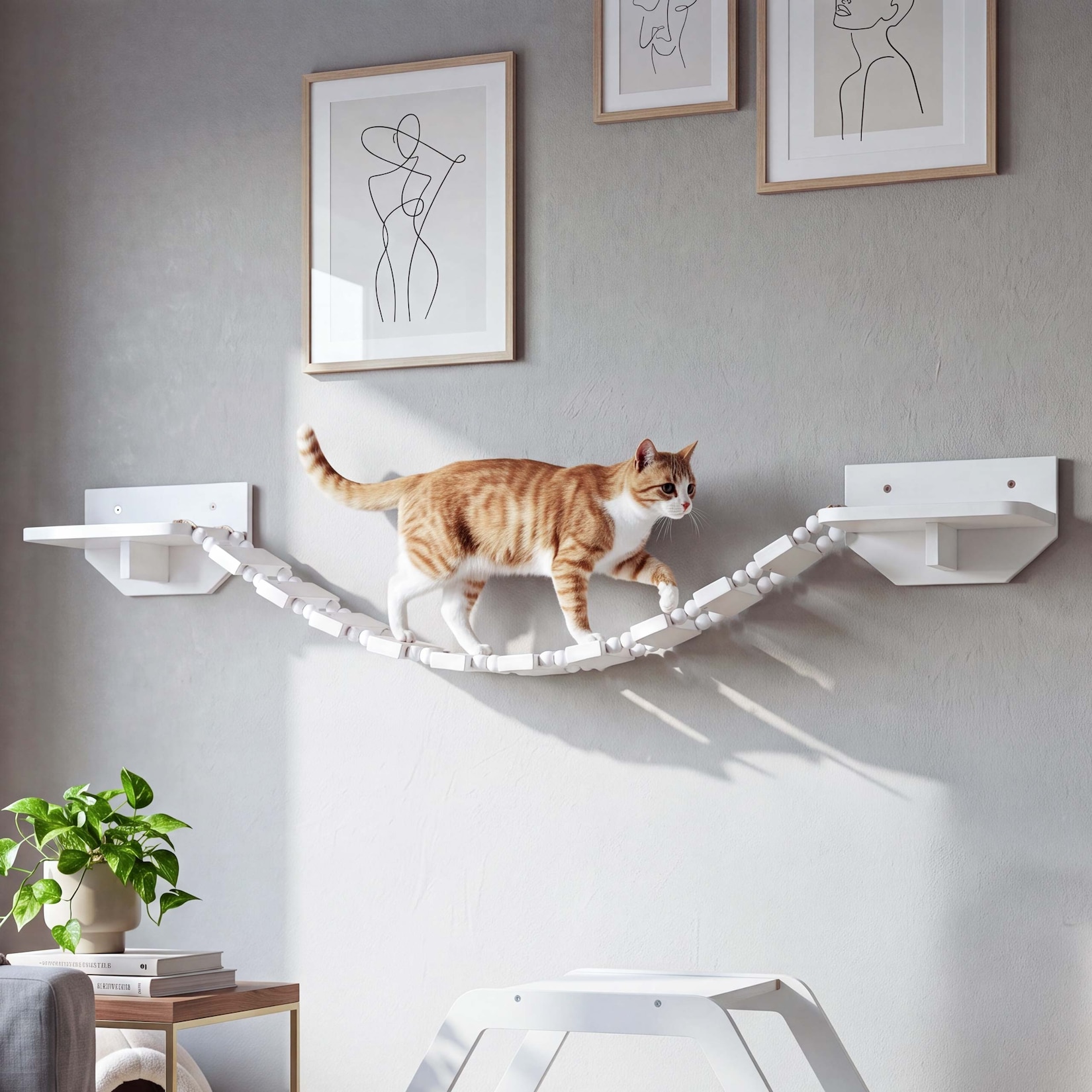 Kletterbrücke MCW-Q56, Katzenleiter Katzentreppe Hängebrücke Katzenbrücke Plattform, Holz MVG 15x130x19cm ~ weiß